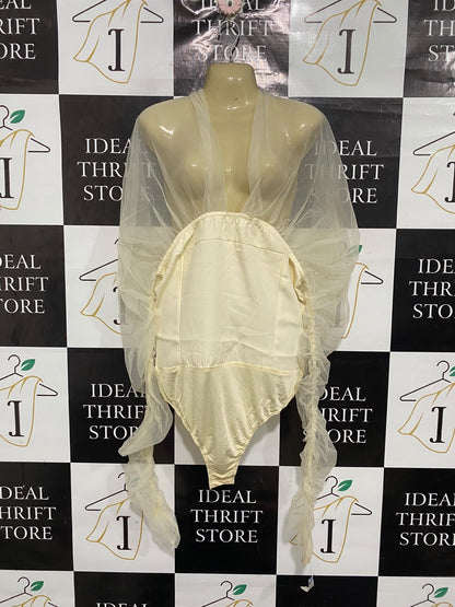 PRETTYLITTLE THING |S | BUST 16 | A75 | CREAM SHEER MESH RUFFLE BODYSUIT
