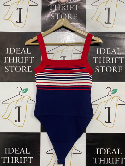 MISS VALLEY |S | BUST 13 | A75 | RED AND NAVY BLUE STRIPED KNITTED BODYSUIT
