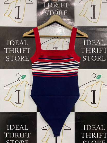 MISS VALLEY |S | BUST 13 | A75 | RED AND NAVY BLUE STRIPED KNITTED BODYSUIT