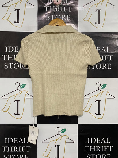 SEZ |S | BUST 15 | A75 | BEIGE RIBBED SHORT SLEEVE COLLARED POLO TOP