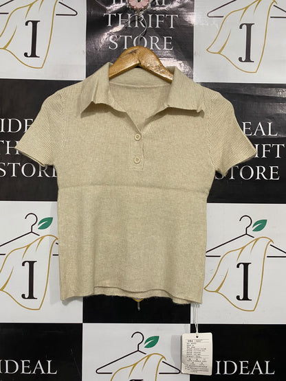 SEZ |S | BUST 15 | A75 | BEIGE RIBBED SHORT SLEEVE COLLARED POLO TOP
