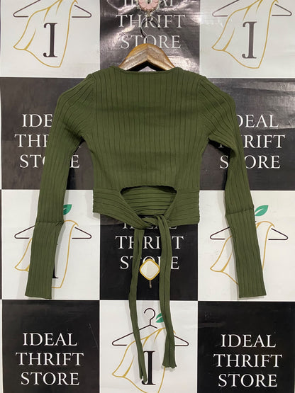 GLASSONS |XS | BUST 13 | A75 | OLIVE GREEN RIBBED LONG SLEEVE WRAP-TIE CROP TOP