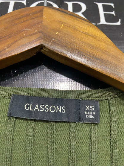 GLASSONS |XS | BUST 13 | A75 | OLIVE GREEN RIBBED LONG SLEEVE WRAP-TIE CROP TOP