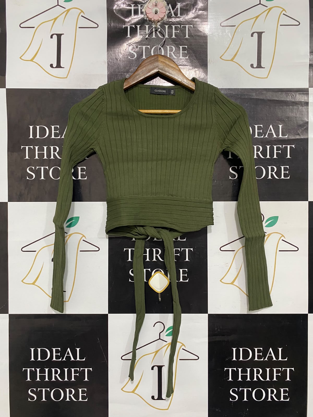 GLASSONS |XS | BUST 13 | A75 | OLIVE GREEN RIBBED LONG SLEEVE WRAP-TIE CROP TOP