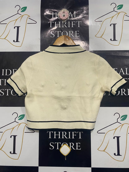 SHEIN |M | BUST 17 | A75 | CREAM AND BLACK CONTRAST TRIM BUTTON-UP KNIT TOP