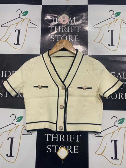 SHEIN |M | BUST 17 | A75 | CREAM AND BLACK CONTRAST TRIM BUTTON-UP KNIT TOP