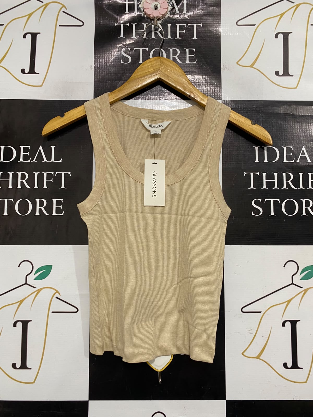 GLASSONS |S | BUST 12 | A75 | BEIGE RIBBED SCOOP NECK TANK TOP