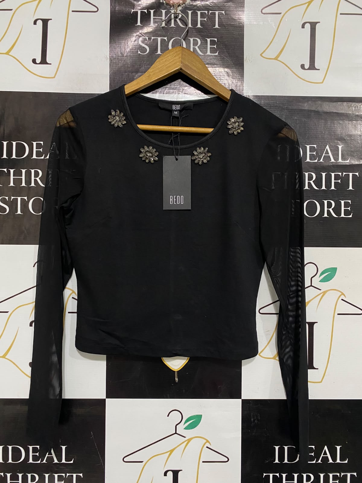BEDO |M | BUST 17 | A75 | BLACK LONG SLEEVE JEWEL EMBELLISHED MESH ACCENT TOP