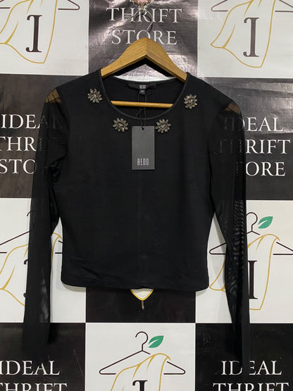 BEDO |M | BUST 17 | A75 | BLACK LONG SLEEVE JEWEL EMBELLISHED MESH ACCENT TOP