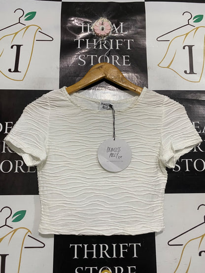 PRINCESS POLLY |S | BUST 14 | A75 | WHITE TEXTURED CRINKLE SHORT SLEEVE CROP TOP