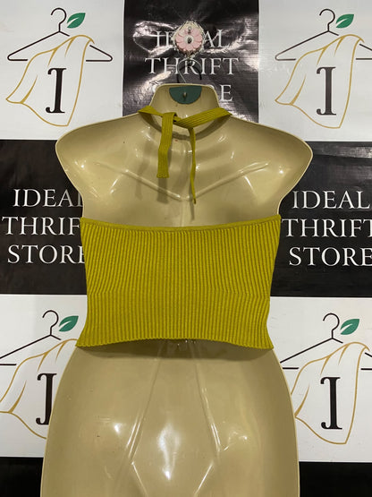 PERSONALITY GIRL |S | BUST 15 | A75 | OLIVE GREEN RIBBED LACE-UP HALTER NECK CROP TOP