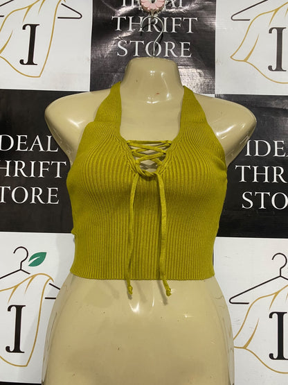 PERSONALITY GIRL |S | BUST 15 | A75 | OLIVE GREEN RIBBED LACE-UP HALTER NECK CROP TOP