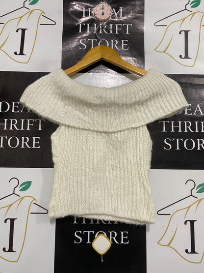 GLASSONS |XS | BUST 12| A75 | WHITE RIBBED OFF-SHOULDER FOLDOVER COLLAR KNIT TOP