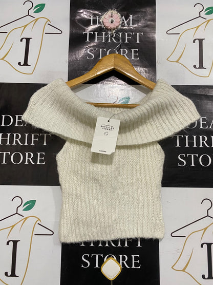 GLASSONS |XS | BUST 12| A75 | WHITE RIBBED OFF-SHOULDER FOLDOVER COLLAR KNIT TOP