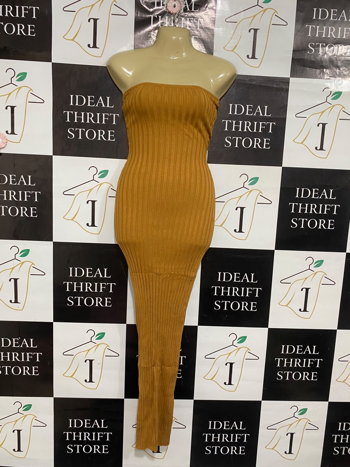 LIONESS |XS | BUST 15 | A75 | MUSTARD BROWN RIBBED STRAPLESS TUBE MAXI DRESS
