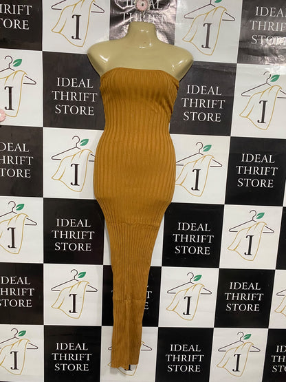 LIONESS |XS | BUST 15 | A75 | MUSTARD BROWN RIBBED STRAPLESS TUBE MAXI DRESS
