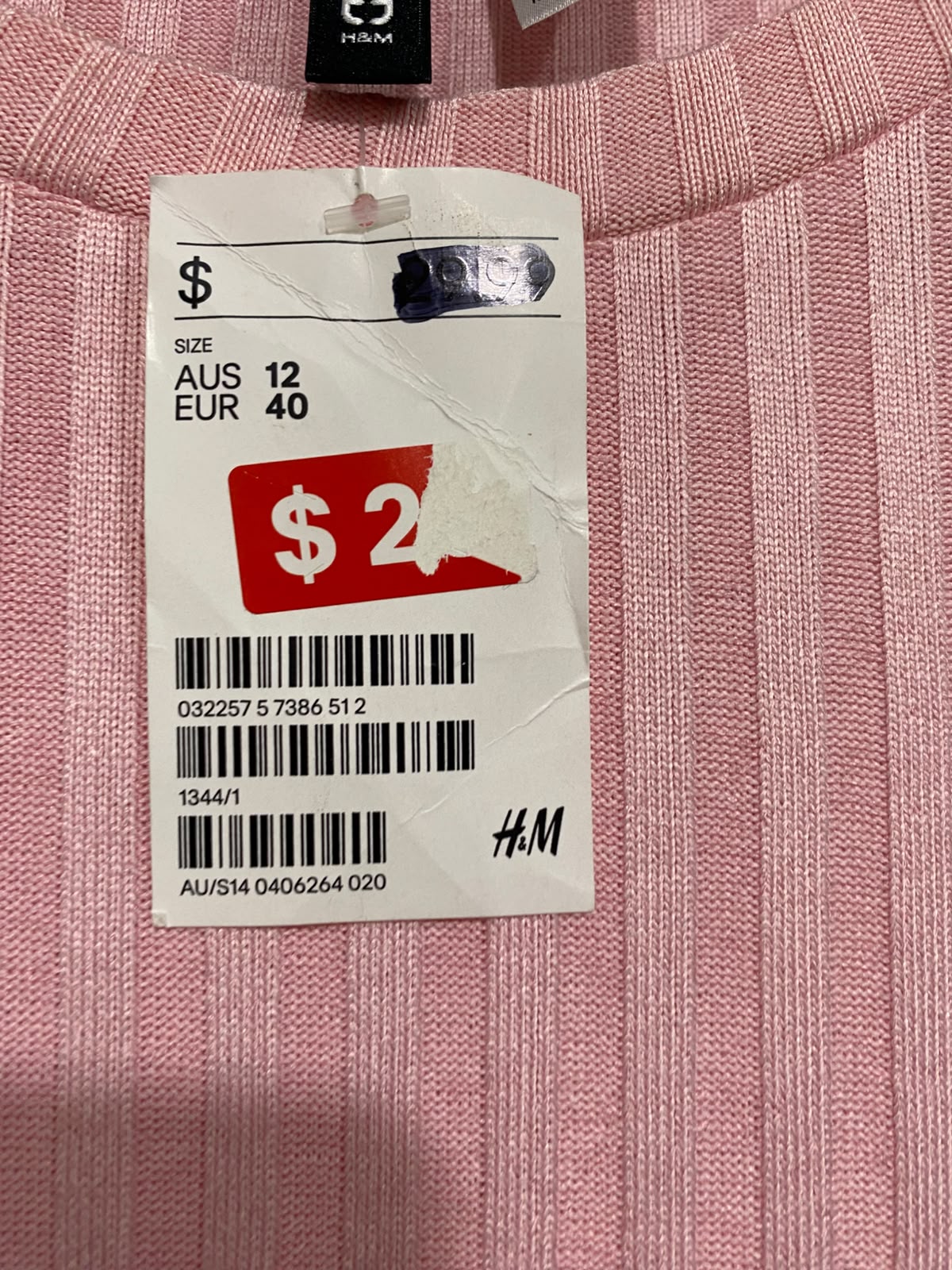 H&M |M | BUST 15 | A75 | PASTEL PINK RIBBED SHORT SLEEVE MIDI DRESS
