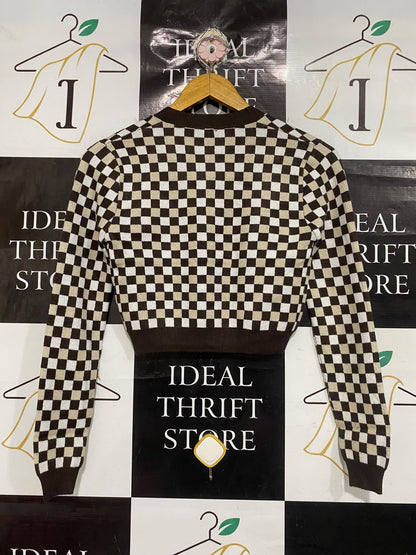 ANKO |XS | BUST 14 | A75 | BROWN AND WHITE CHECKERBOARD BUTTON-UP CARDIGAN
