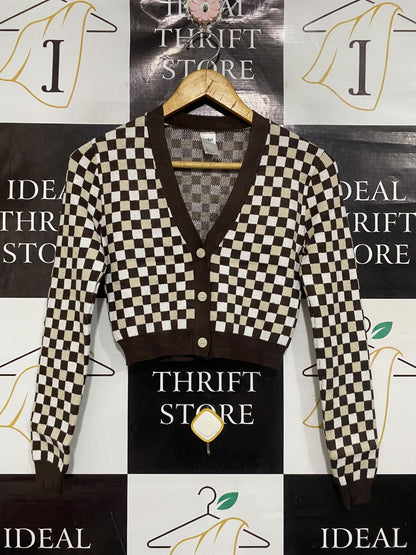ANKO |XS | BUST 14 | A75 | BROWN AND WHITE CHECKERBOARD BUTTON-UP CARDIGAN