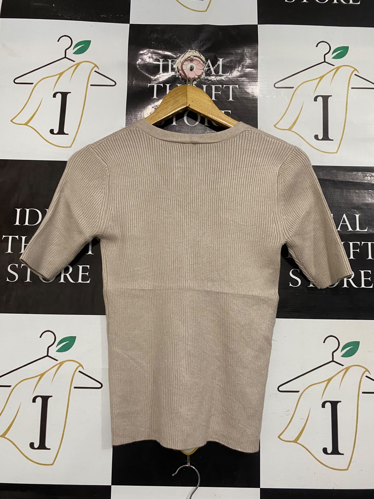 ANKO |XS | BUST 13 | A75 | BEIGE RIBBED BUTTON-UP SHORT SLEEVE KNIT TOP