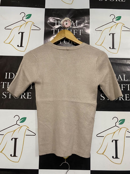 ANKO |XS | BUST 13 | A75 | BEIGE RIBBED BUTTON-UP SHORT SLEEVE KNIT TOP