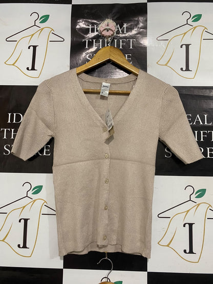 ANKO |XS | BUST 13 | A75 | BEIGE RIBBED BUTTON-UP SHORT SLEEVE KNIT TOP