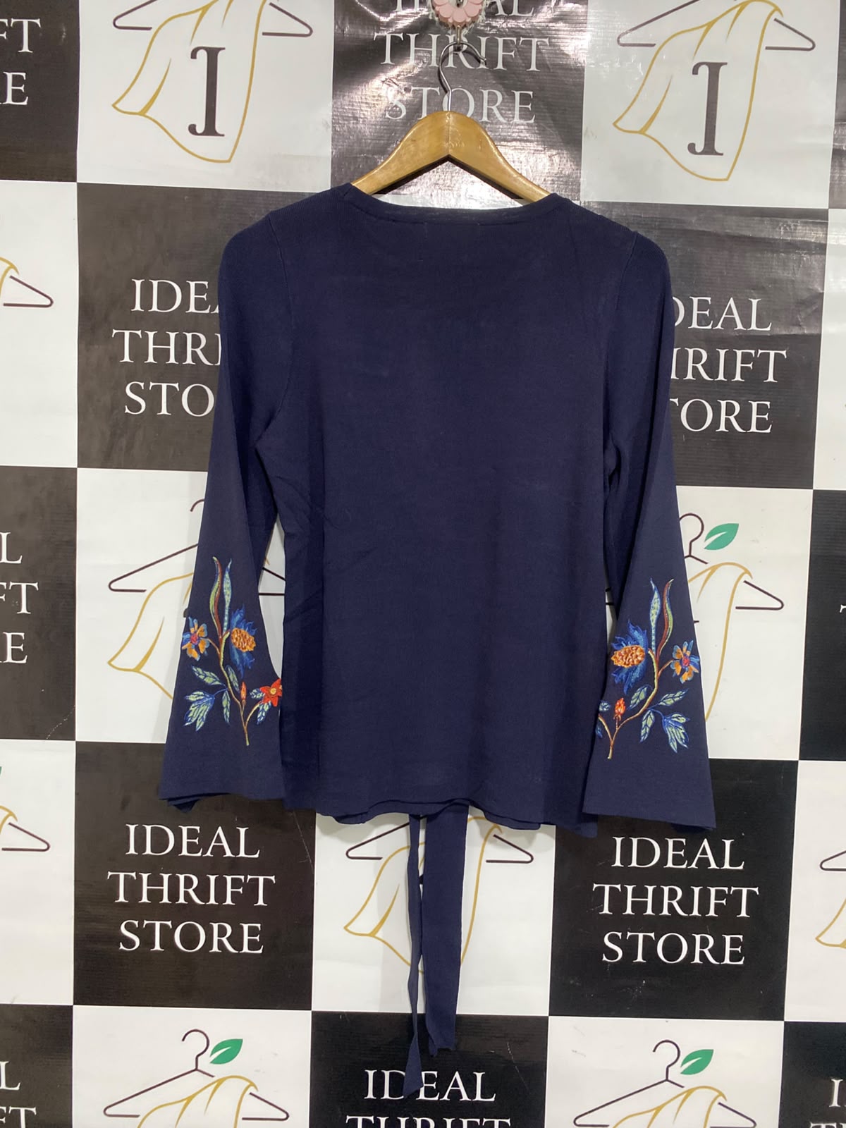 PER UNA |M | BUST 18 | A75 | NAVY BLUE FLORAL EMBROIDERED TIE-WAIST LONG SLEEVE TOP