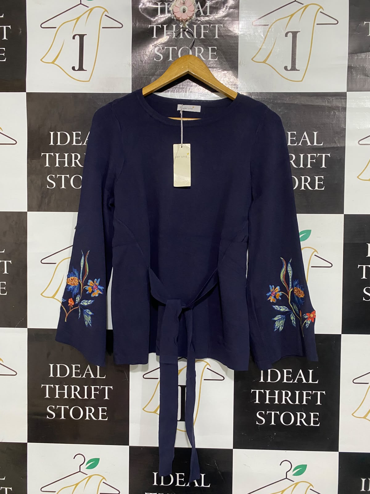 PER UNA |M | BUST 18 | A75 | NAVY BLUE FLORAL EMBROIDERED TIE-WAIST LONG SLEEVE TOP