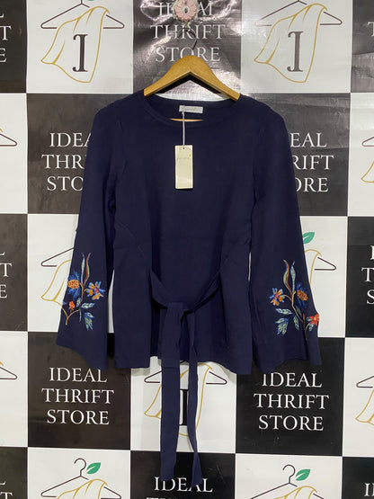 PER UNA |M | BUST 18 | A75 | NAVY BLUE FLORAL EMBROIDERED TIE-WAIST LONG SLEEVE TOP