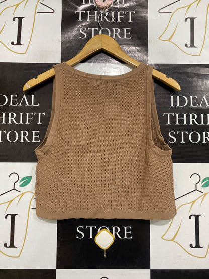 SEVEN WONDERS |S | BUST 16 | A75 | CAMEL BROWN OPEN-KNIT TANK TOP