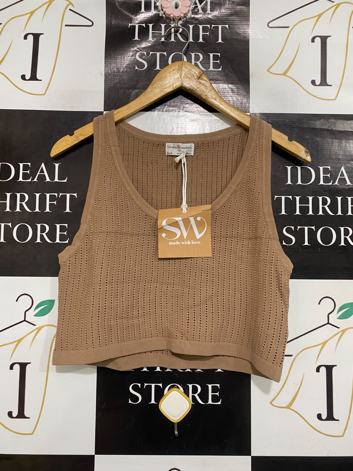 SEVEN WONDERS |S | BUST 16 | A75 | CAMEL BROWN OPEN-KNIT TANK TOP