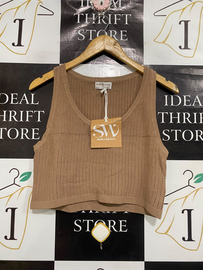SEVEN WONDERS |S | BUST 16 | A75 | CAMEL BROWN OPEN-KNIT TANK TOP