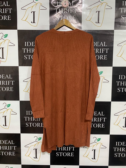 ANKO |XL | BUST 22 | A75 | RUST BROWN RIBBED OPEN-FRONT LONG CARDIGAN