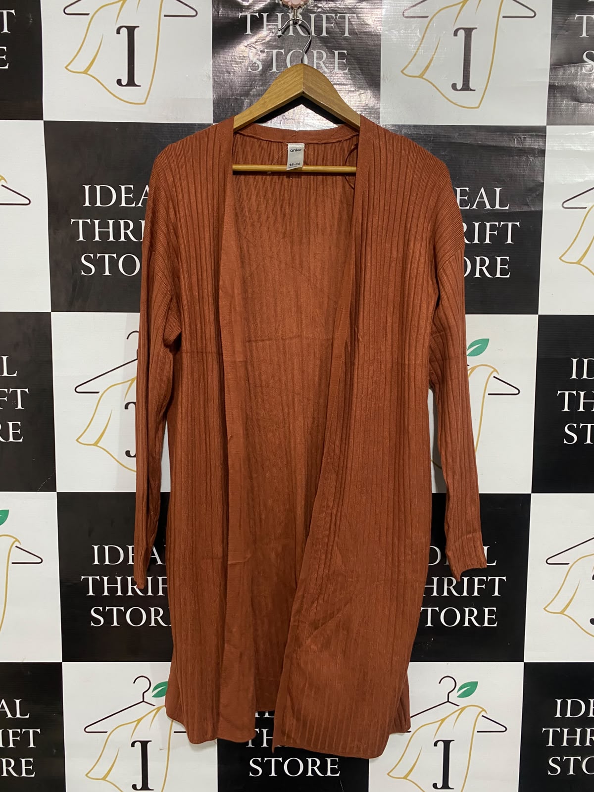 ANKO |XL | BUST 22 | A75 | RUST BROWN RIBBED OPEN-FRONT LONG CARDIGAN