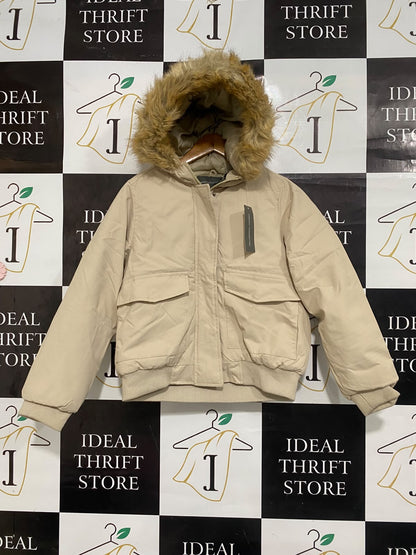 FRENCH CONNECTION |S | BUST 21 | A75 | BEIGE FAUX-FUR HOODED PUFFER JACKET