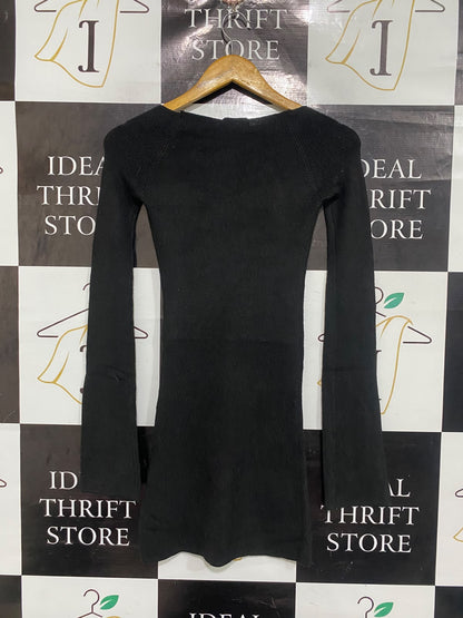 DAZIE |S | BUST 12 | A75 | BLACK RIBBED SWEETHEART NECK LONG SLEEVE MINI DRESS
