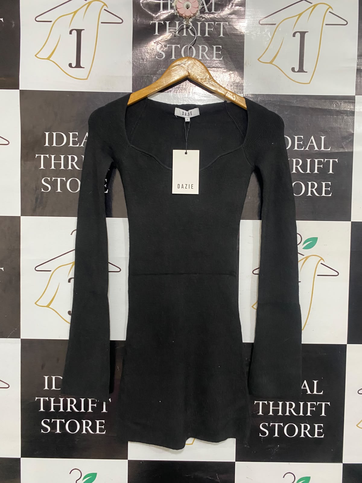 DAZIE |S | BUST 12 | A75 | BLACK RIBBED SWEETHEART NECK LONG SLEEVE MINI DRESS