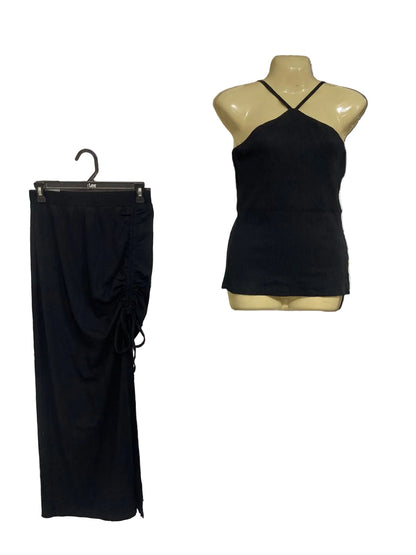 ALLY |S | A75 | BLACK RIBBED HALTER TOP AND RUCHED MIDI SKIRT SET