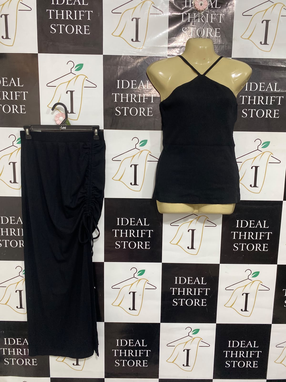 ALLY |S | A75 | BLACK RIBBED HALTER TOP AND RUCHED MIDI SKIRT SET