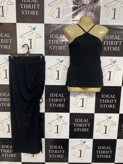 ALLY |S | A75 | BLACK RIBBED HALTER TOP AND RUCHED MIDI SKIRT SET
