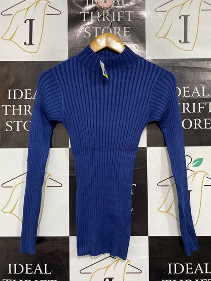 TEX |M | BUST 12 | A75 | ROYAL BLUE RIBBED MOCK NECK LONG SLEEVE KNIT TOP