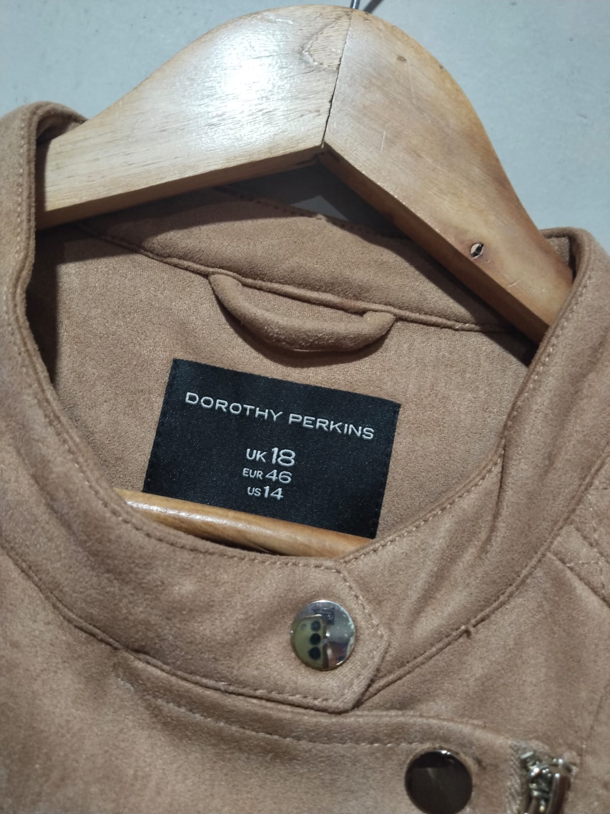 Dorothy Perkins Tan Soft Faux Leather Suede Zip Biker Bomber Jacket Size UK 18 / W-23/ L-24