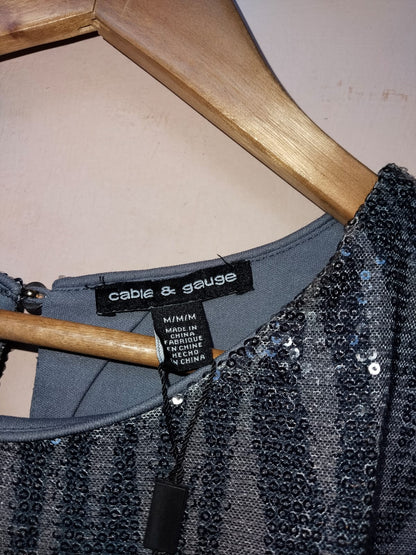 Cable and Gauge Sequin Zebra Print Blouse Sz M Black Gray Short Sleeve Top Shirt W-18 / L-28