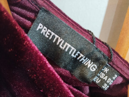 Pretty Little Things Shape Burgundy Velvet Corset Detail Long Sleeve Ruched Midi Dress W-14 / L-32