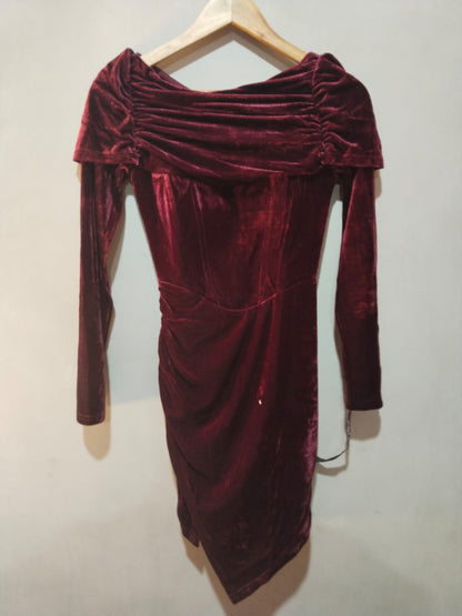 Pretty Little Things Shape Burgundy Velvet Corset Detail Long Sleeve Ruched Midi Dress W-14 / L-32
