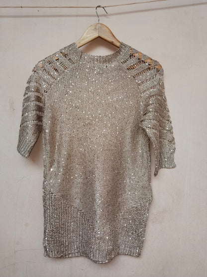 Lauren Michelle Tan / Beige Sheer Knit Sequins Sweater W-16 / L-28