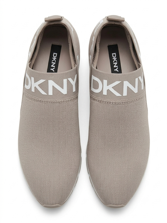 DKNY| EU38| PK8| TAUPE BEIGE STRETCH KNIT SLIP-ON LOGO SNEAKERS